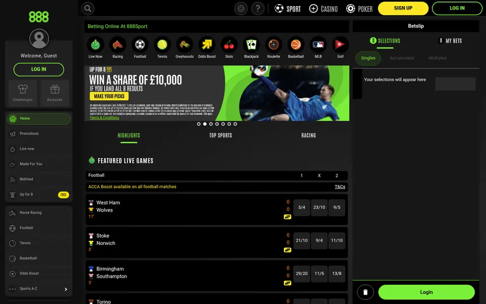 888sport homepage: the sports menu (Live Now, Racing, Football, Tennis, Greyhounds, Odds Boost), an Up for 8 banner and live football with an acca boost line. Captured September 2026