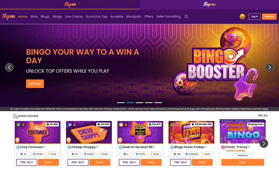 Foxy Bingo homepage: bingo rooms with ticket prices. Captured August 2026