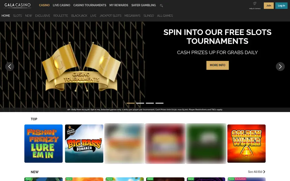 Gala Casino homepage: a casino tournament banner over slot tiles. Captured August 2026