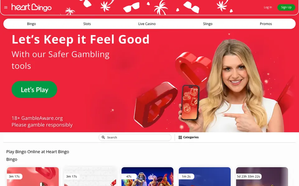 Heart Bingo homepage: the menu of bingo, slots, live casino and Slingo, and bingo room tiles with countdowns. Captured September 2026