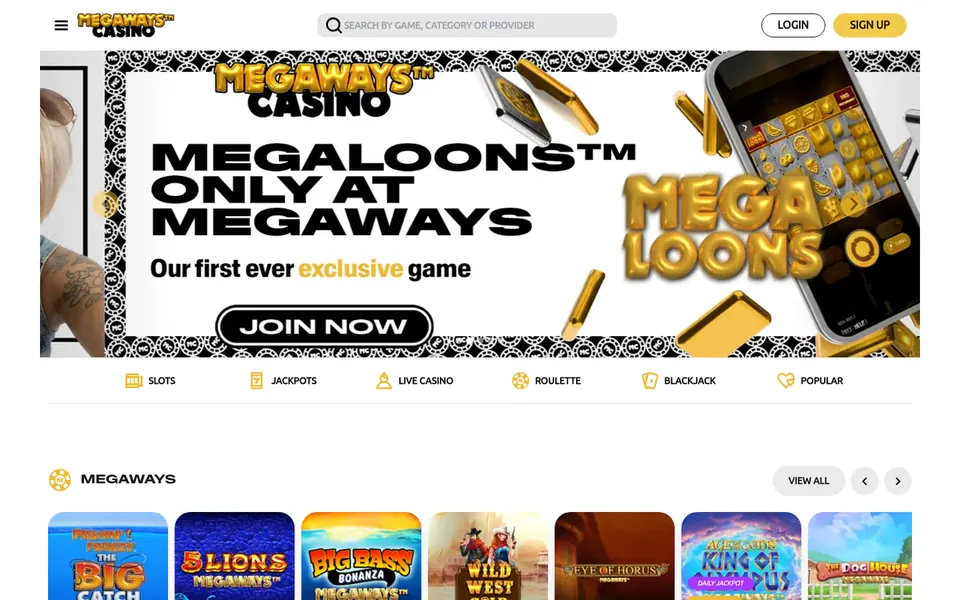 Megaways Casino homepage: a banner for a game it calls exclusive, the menu and a shelf of Megaways slots. Captured September 2026