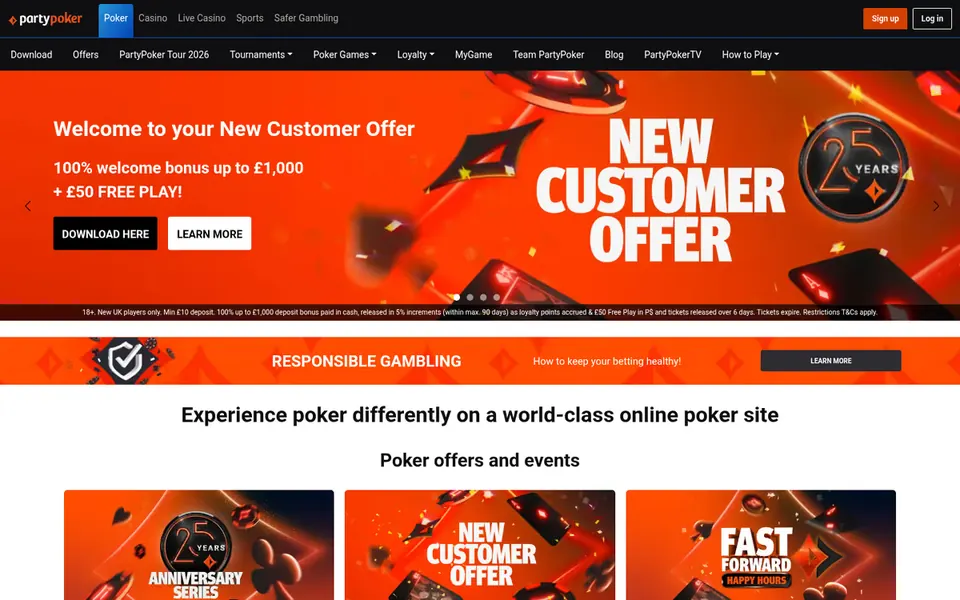 PartyPoker homepage: the poker site: a poker offer, tournaments and poker games menus. Captured August 2026