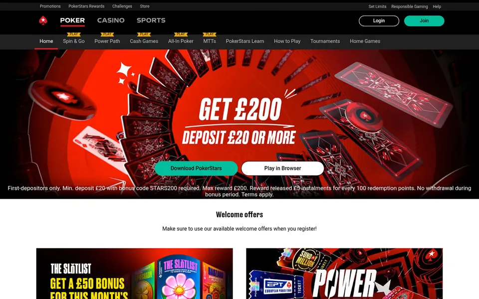 PokerStars homepage: the poker menu (Spin & Go, Power Path, Cash Games, All-In Poker, MTTs, Tournaments, Home Games) above a deposit offer with Download and Play in Browser buttons. Captured August 2026