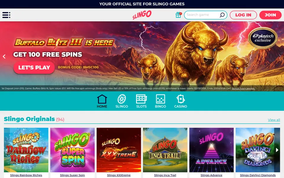 Slingo homepage: a free-spins banner, the menu and a shelf of Slingo Originals. Captured September 2026