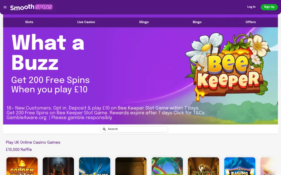 Smooth Spins homepage: a free-spins banner, the menu and slot tiles. Captured September 2026