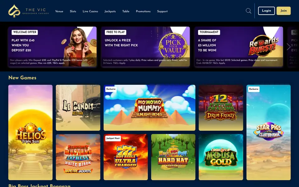 The Vic homepage: slot tiles and promotions. Captured September 2026